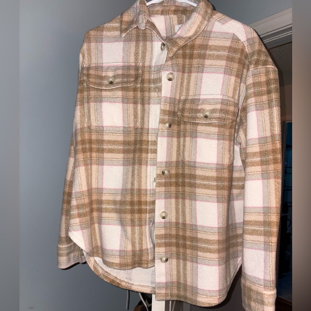 cute oversized fall American Eagle Outfitters Tan and Pink Plaid Shirt